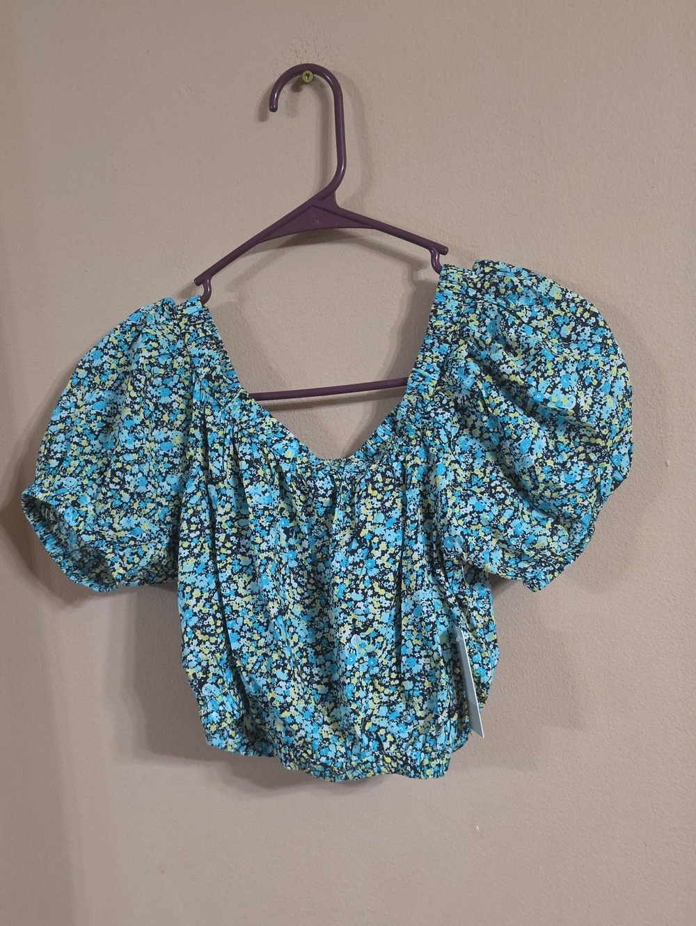 bp Blue Floral Puff-Sleeve Crop Top